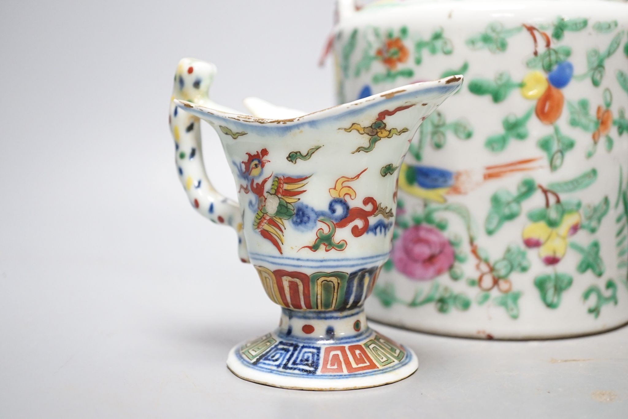 A Chinese famille rose teapot, a similar bowl and an enamelled porcelain jug (3)